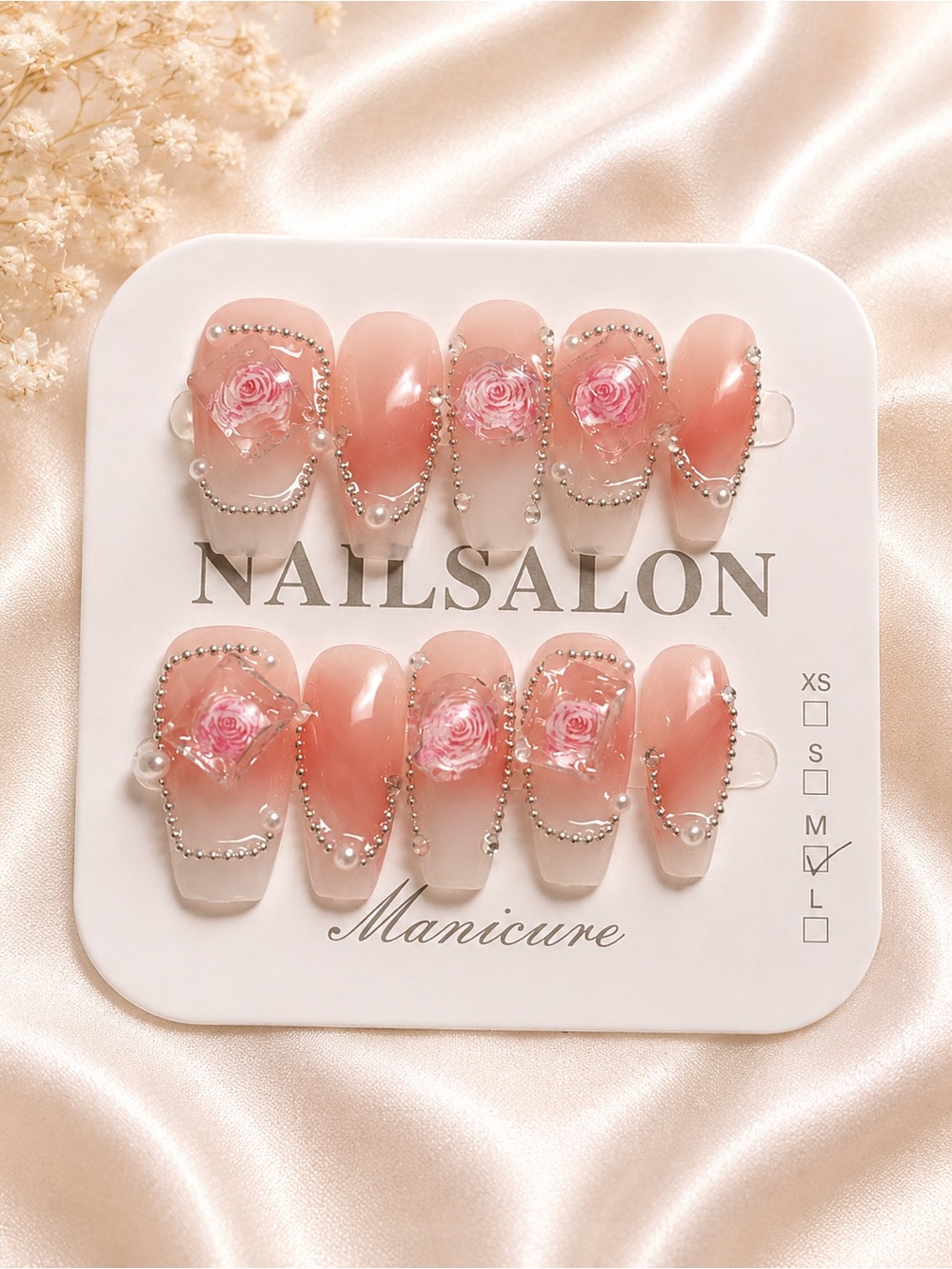 Pink Rose Crystal Press-On Nails - Medium